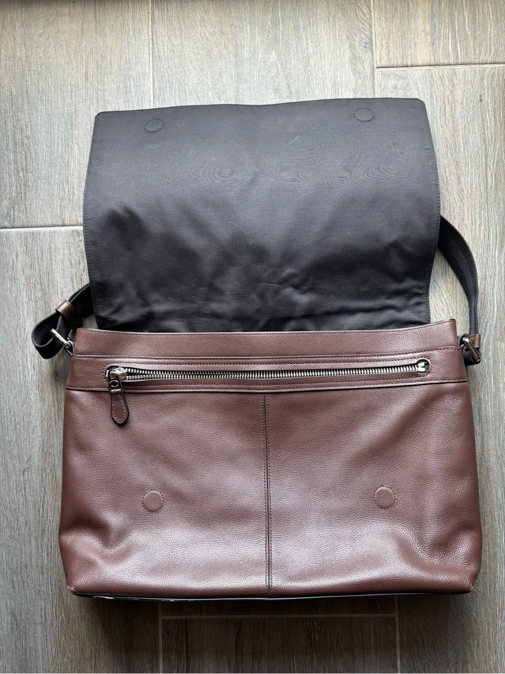 Coach Men's Chocolate Brown Leather Messenger Bag with Black Strap